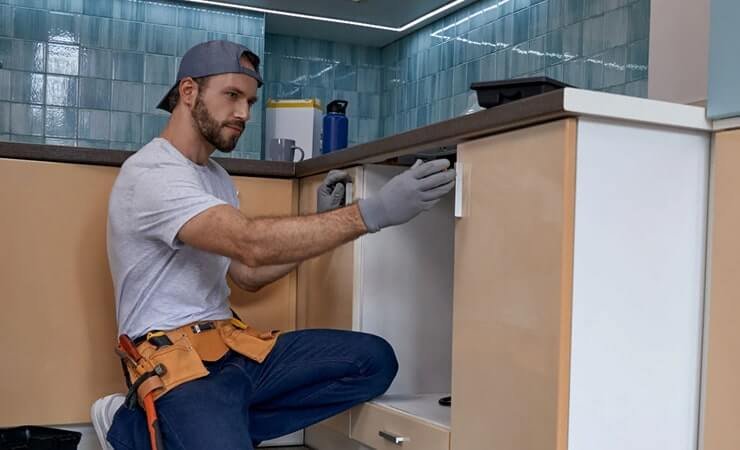 Professional handyman in a tool belt installing or adjusting kitchen cabinet doors