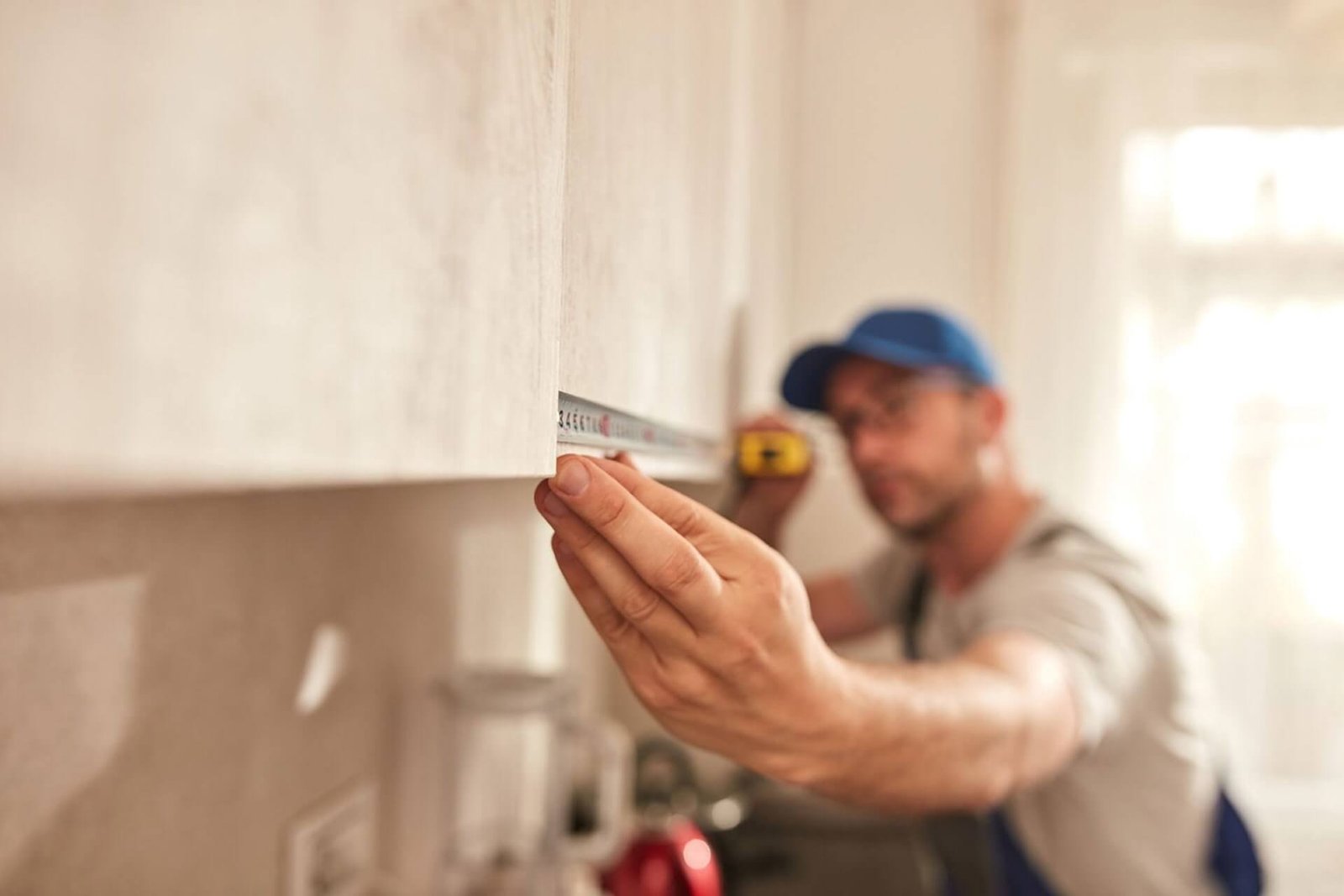 A professional handyman in a blue cap measuring a kitchen cabinet with a tape measure