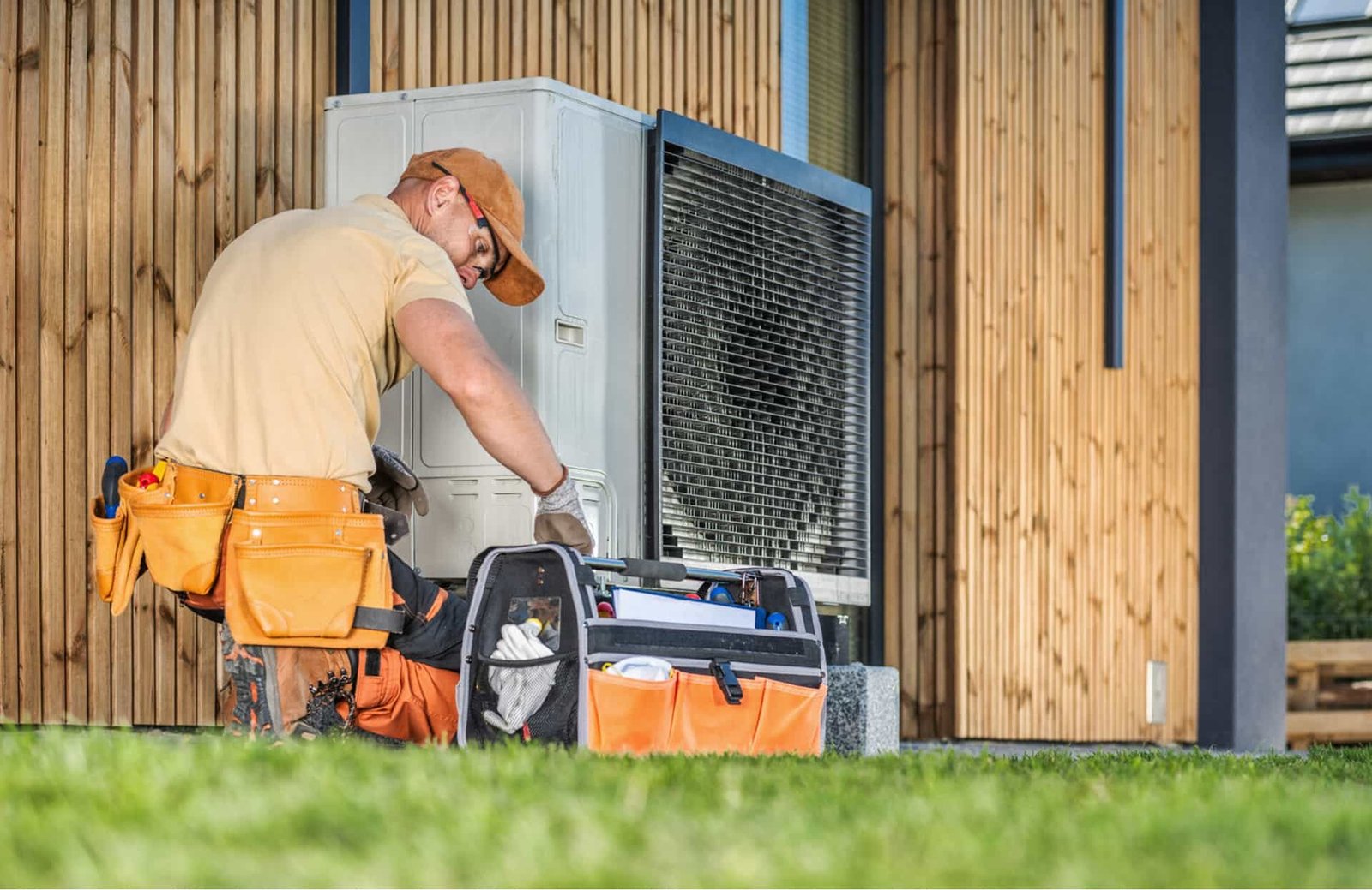 HVAC technician in a tool belt repairing an outdoor air conditioning unit