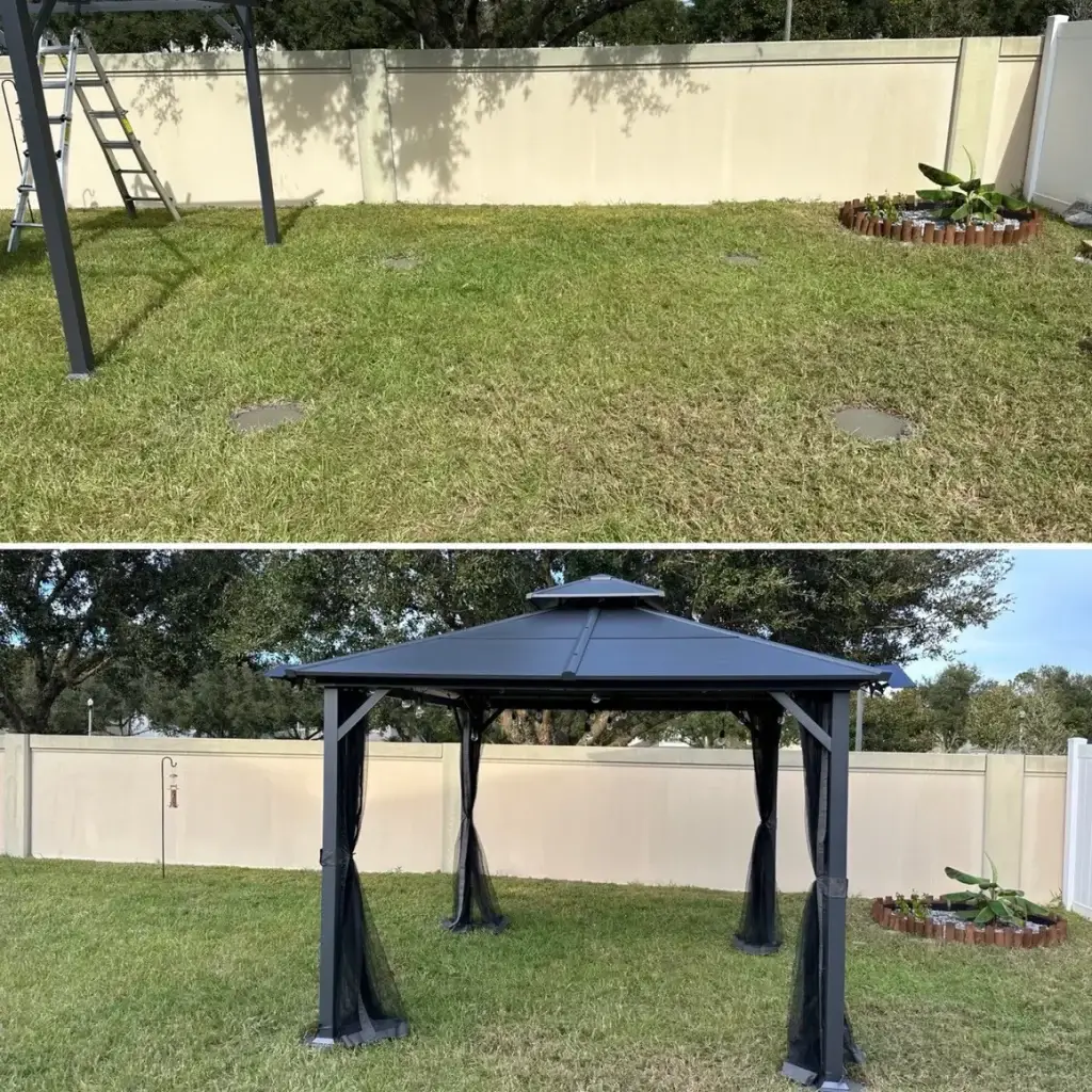 Photos before and after installing a gazebo in the backyard