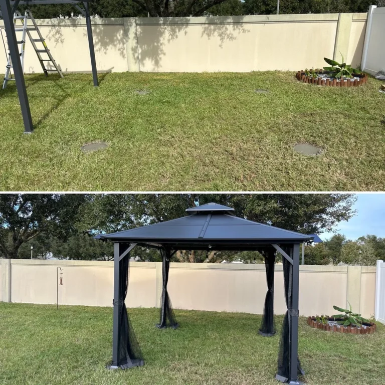 Photos before and after installing a gazebo in the backyard
