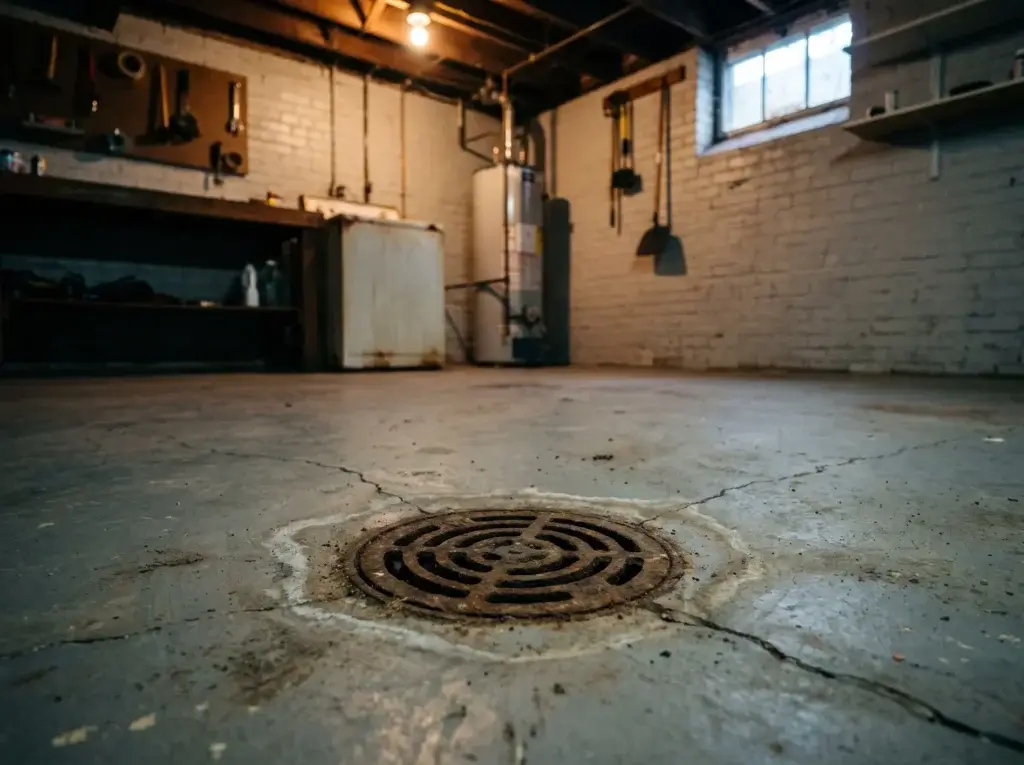 Basement floor drain in an old Chicago brick basement - a common source of sewer smell in the basement