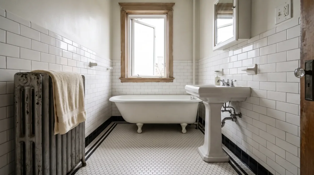 Bathroom smells like sewage in a vintage Chicago apartment with a clawfoot tub and hex tile floor