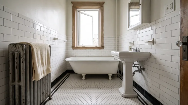 Bathroom smells like sewage in a vintage Chicago apartment with a clawfoot tub and hex tile floor
