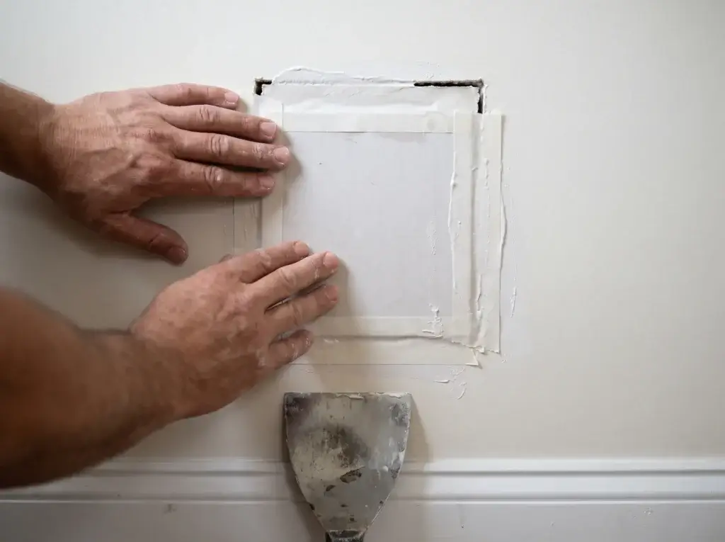 California patch drywall repair: square drywall plug with a paper edge set into a doorknob hole