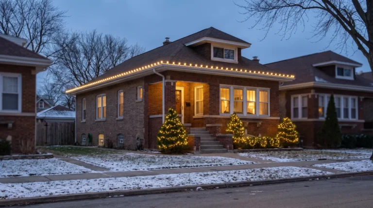 Christmas light installation cost in Chicago: warm white C9 lights along the roofline of a brick bungalow at dusk