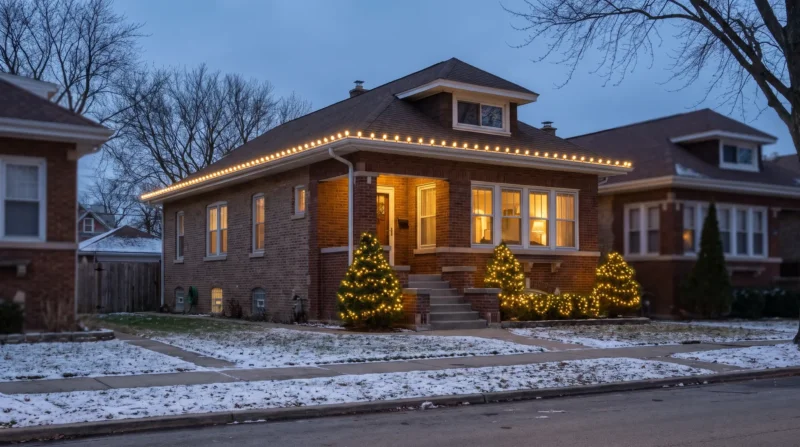 Christmas light installation cost in Chicago: warm white C9 lights along the roofline of a brick bungalow at dusk