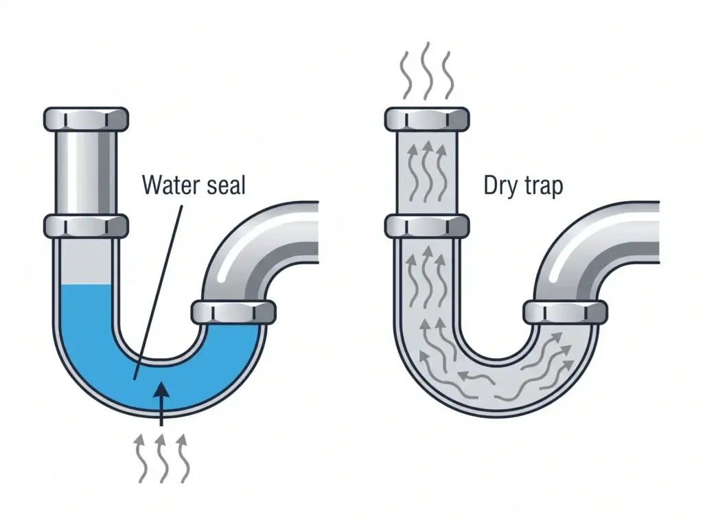 Dry P-trap diagram: a water seal blocks sewer gas, a dry trap lets it into the bathroom
