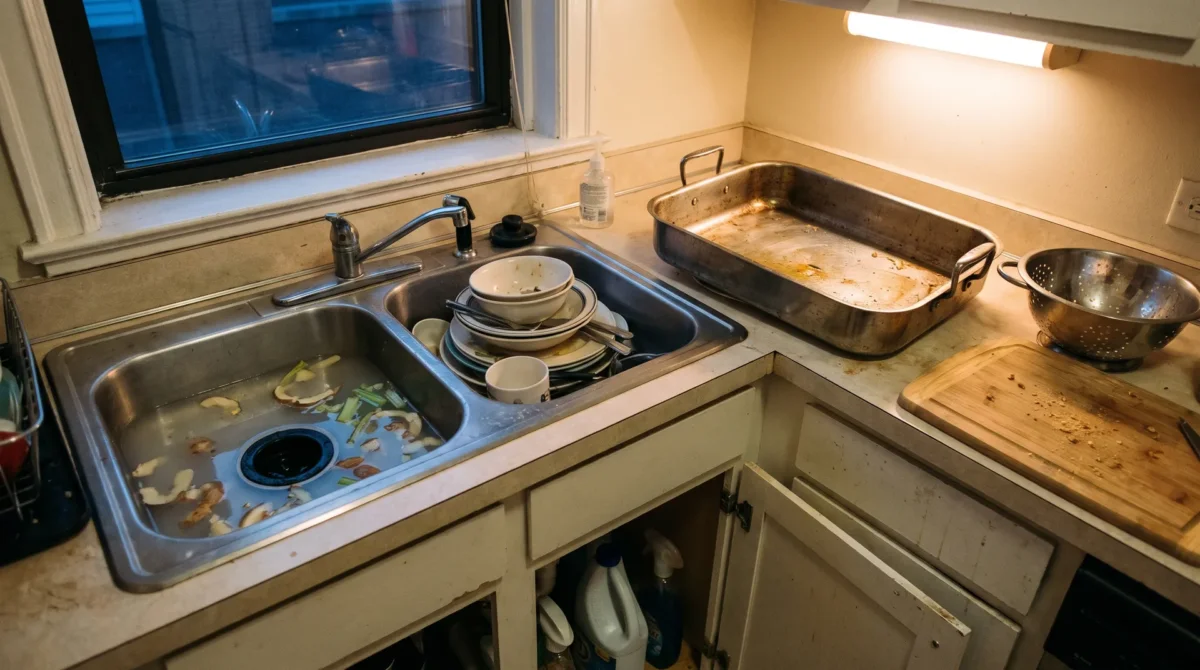 Garbage disposal not working: sink basin full of standing water and potato peels after Thanksgiving dinner in a Chicago kitchen