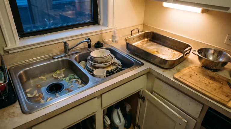 Garbage disposal not working: sink basin full of standing water and potato peels after Thanksgiving dinner in a Chicago kitchen
