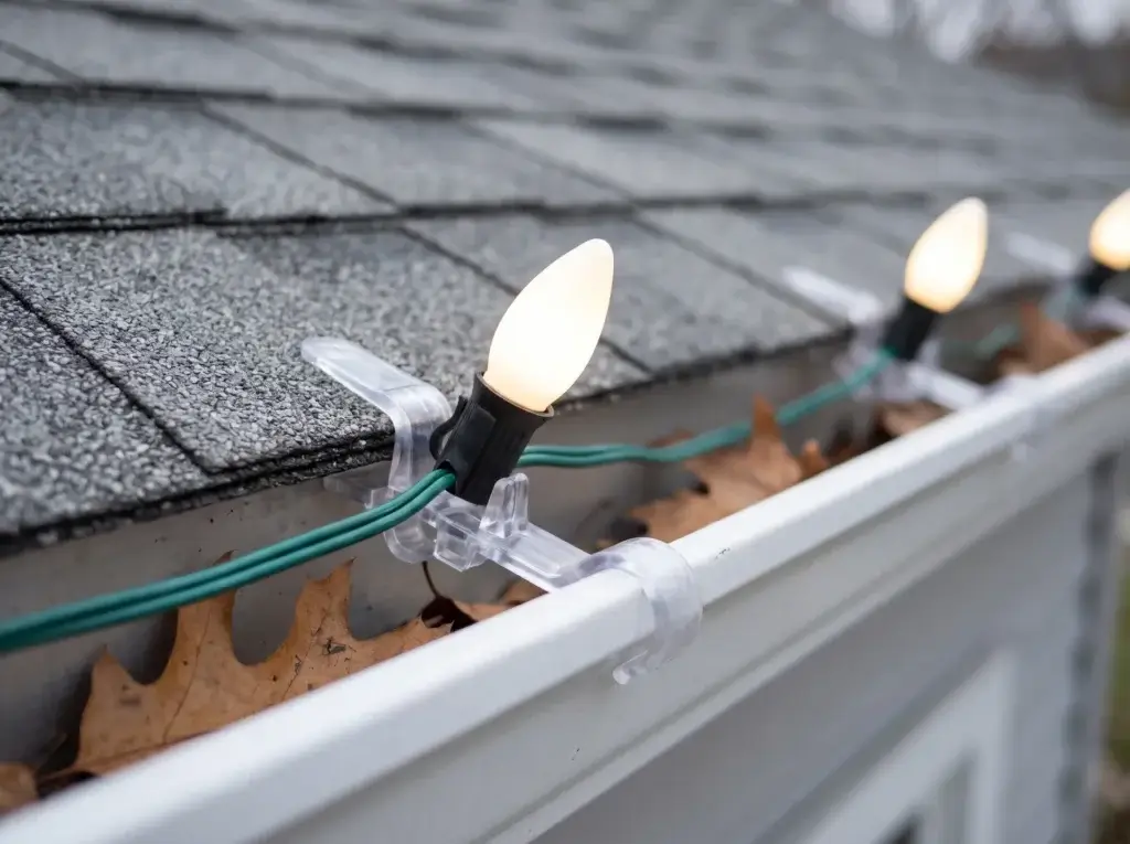 Plastic gutter clips holding C9 Christmas lights on a gutter edge with no staples or nails
