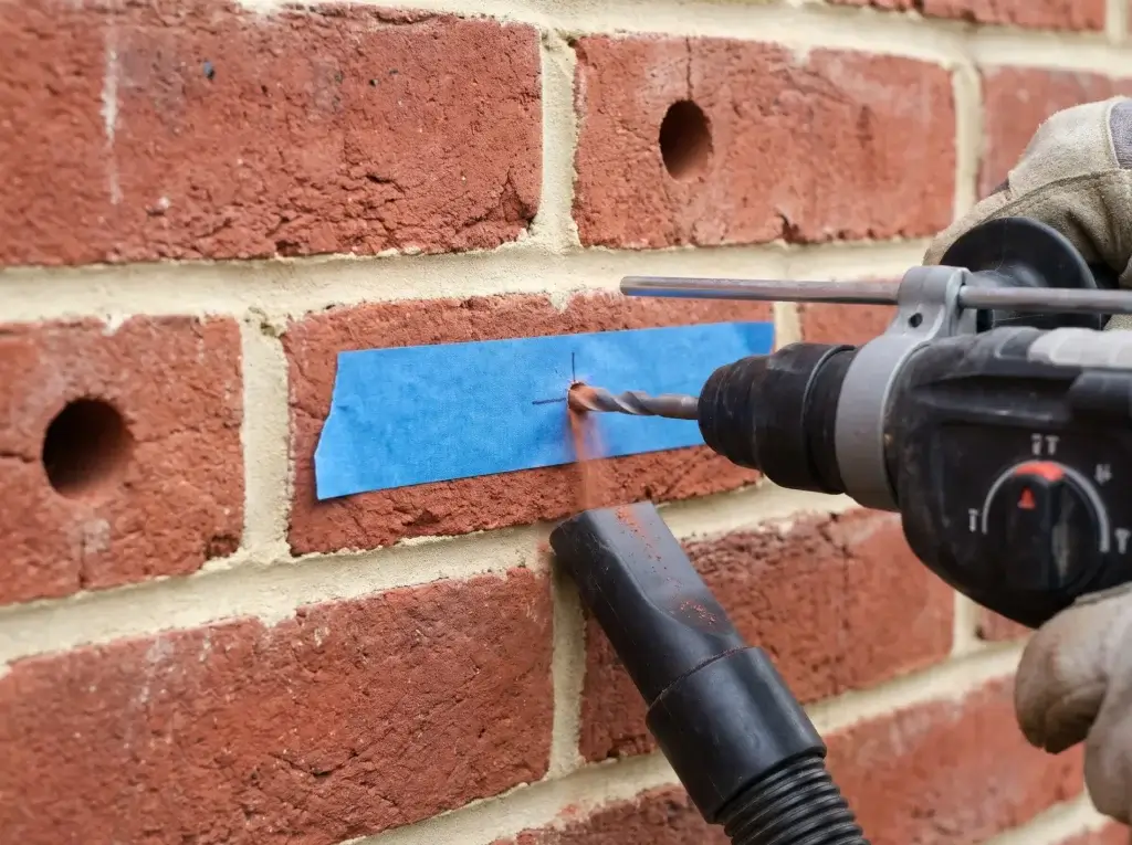 Hammer drill with a carbide masonry bit drilling into a whole brick through painter's tape, with a vacuum catching the dust