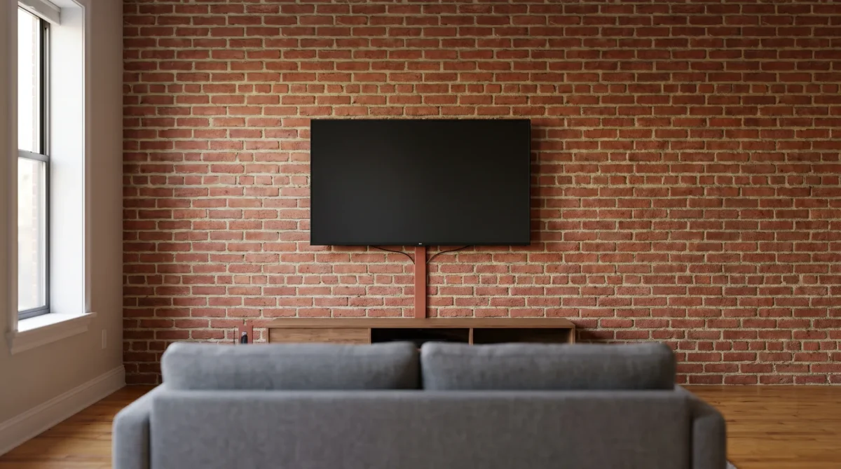 How to drill into brick for a TV mount: TV on an exposed brick wall in a Chicago two-flat living room