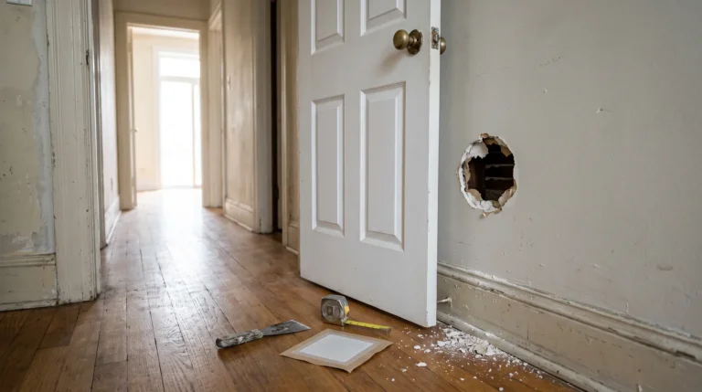 How to fix a hole in the wall: doorknob hole in drywall behind an open door in a Chicago apartment