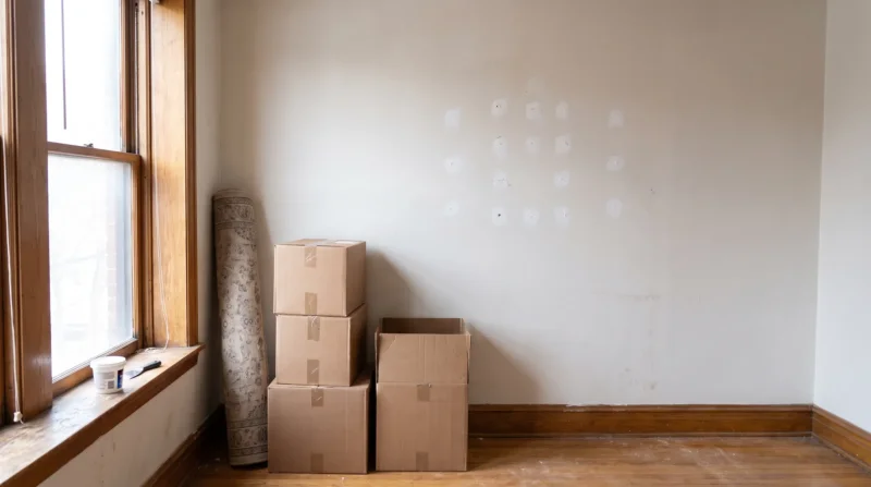 How to fix nail holes in wall before move-out: spackled holes on an apartment wall with moving boxes in a Chicago rental