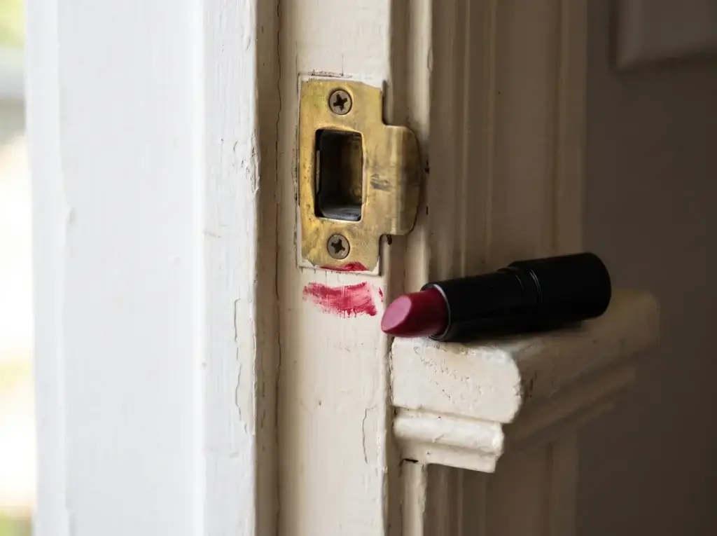 Lipstick test on a strike plate showing where the door latch bolt hits below the opening