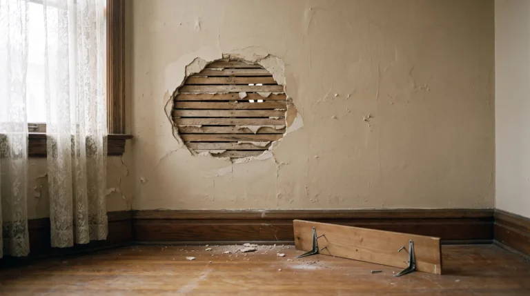 Palm-sized hole to patch in a plaster wall with wood lath showing in a 1920s Chicago two-flat