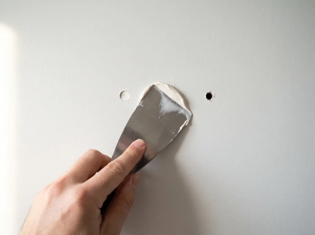 Putty knife smoothing lightweight spackle over a nail hole in drywall before painting