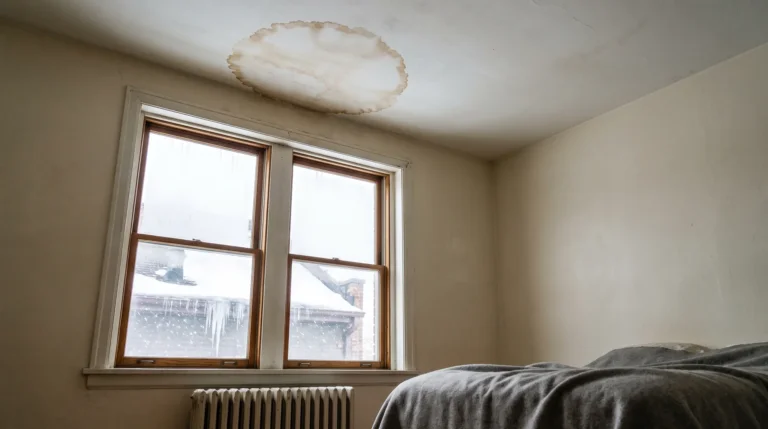 Water stain on ceiling above a top-floor bedroom window after snow in a Chicago home